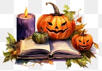 PNG Watercolor open book halloween candle jack-o-lantern.