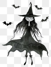 Whimsical witch with flying bats