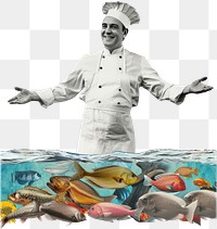 Collage of happy chef fish portrait photo.