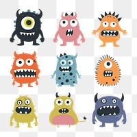 PNG cute cartoon monster character element set, transparent background