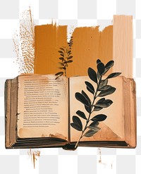 PNG  An open book and plant with a brown brush stroke art publication paper.