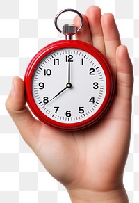 Holding stopwatch clock hand white background. 