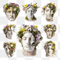 PNG floral statue head design element set, transparent background