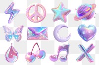 PNG 3d y2k hologram design element set, transparent background