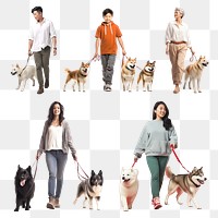 PNG people walking dogs design element set, transparent background