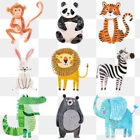 PNG cute animal illustration element set, transparent background