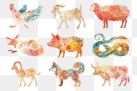 PNG Chinese folk animal art element set, transparent background