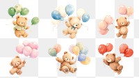 PNG watercolor bear with balloons design element set, transparent background