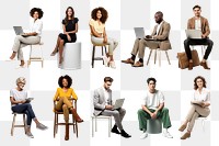 PNG diverse people sitting design element set, transparent background