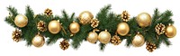 A garland of Christmas decorations with golden ornaments and pine branches on white background christmas christmas decorations accessories.