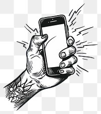 PNG Hand holding a smartphone electronics illustrated drawing.