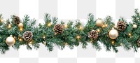 Seamless decorative christmas border with coniferous branches and garlands of christmas lights and ornaments festival plant tree.