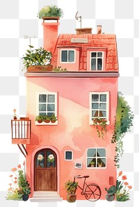 PNG Cozy Nordic Apartment house illustration watercolor bicycle.