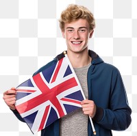 PNG A british university student holding small UK flag portrait white background independence. 