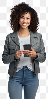 Woman holding phone portrait clothing jacket. 