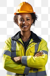 Dark skinned female construction worker portrait uniform hardhat. 