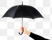 Hand holding black color umbrella white background protection sheltering.