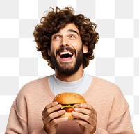 Holding a burger portrait adult beard. 