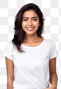 Woman t-shirt portrait smiling. 