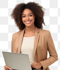 PNG  Young black business woman laptop computer smiling