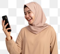 Happy Asian Muslim adult photo phone. 