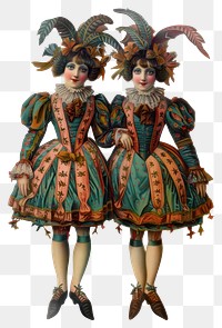 PNG  Vintage twin harlequin costume illustration