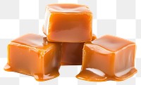 Three caramel cubes stacked and melted caramel chocolate dessert ketchup.