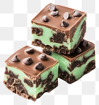 Three mint chocolate chips fudge cubes stacked confectionery dessert brownie.