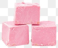 Three pink lemonade fudge cubes stacked chocolate dessert cream.