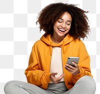 PNG Happy woman using smartphone