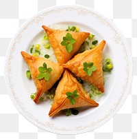 PNG Samosa on dish plate food white background.