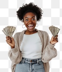 PNG Woman holding money happy background clothing.