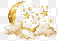 Watercolor gold stars and crescent moon with cloud astronomy outdoors dessert.