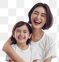 A young mixed race with asian short bob hair woman wearing a white t-shirt with her daughter laughing person human.