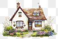 PNG  English cottage with garden architecture illustration watercolor.