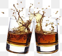 PNG Glasses of whiskey clinking together beverage alcohol splash.