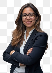 A smiling latin businesswoman glasses face accessories.