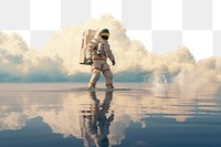 PNG Astronaut walking on reflective water border, transparent background