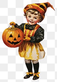 PNG Halloween kid wearing circus costume carry pumpkin halloween vintage art.