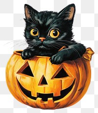 PNG Halloween cat inside carved pumpkin halloween cute jack-o'-lantern.