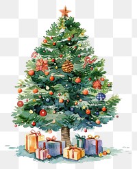 PNG A decorated christmas tree with presents under the tree illustration watercolor festive.