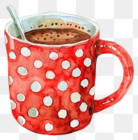 PNG A red with white polkadot mug of hot chocolate illustration watercolor beverage.