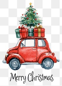 PNG A cute red Christmas car with gifts and a tree on top of it christmas watercolor painting.