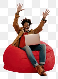 PNG Teen sitting on bean bag background person laptop.