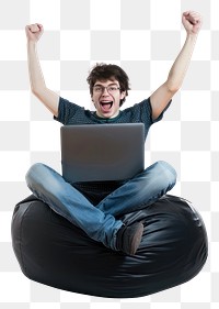 PNG Teen sitting on bean bag holding a laptop happy man accessories.