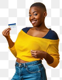 PNG Black woman showing credit card background financial document.