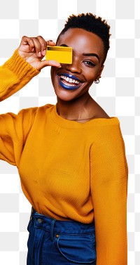 PNG Black woman showing credit card happy background colors.