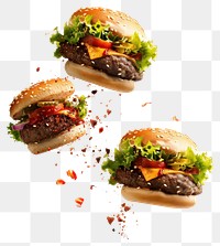 PNG Delicious floating cheeseburgers with toppings