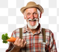 Happy smiling farmer portrait holding carrot. 