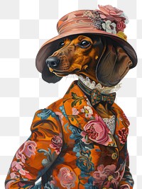 PNG Dachshund costumes wearing vintage lady fashion outfit surrealism portrait animal painting.